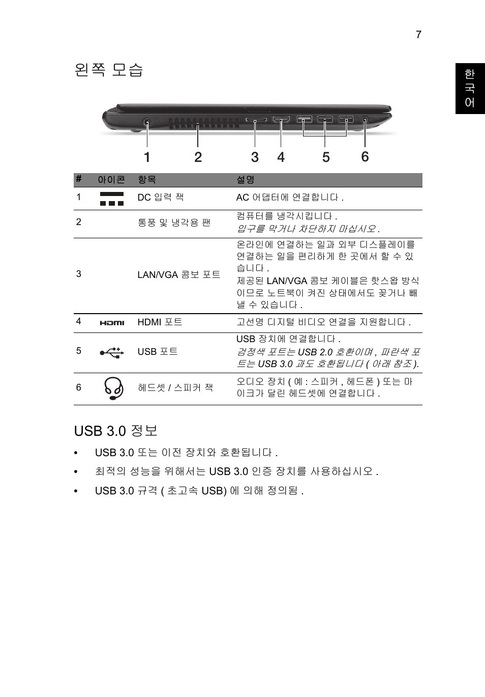 왼쪽 모습, Usb 3.0 정보 | Acer Aspire V5-571G User Manual | Page 263 / 306