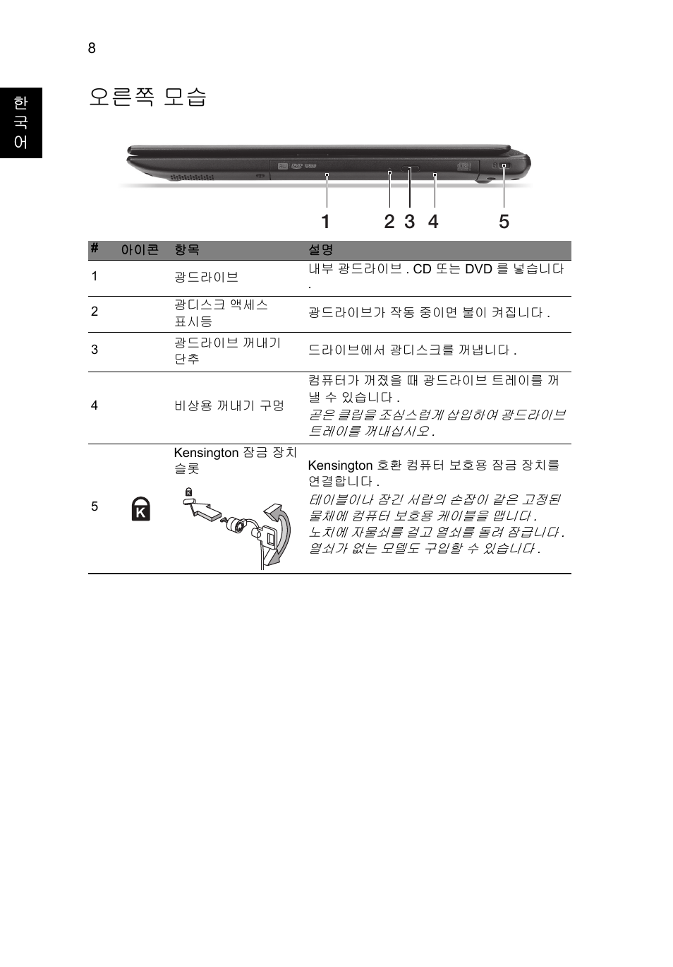 오른쪽 모습 | Acer Aspire V5-571G User Manual | Page 264 / 306