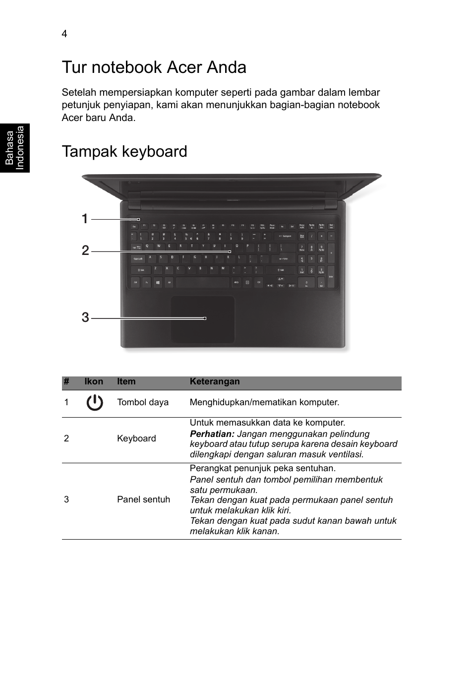 Tur notebook acer anda, Tampak keyboard | Acer Aspire V5-571G User Manual | Page 290 / 306