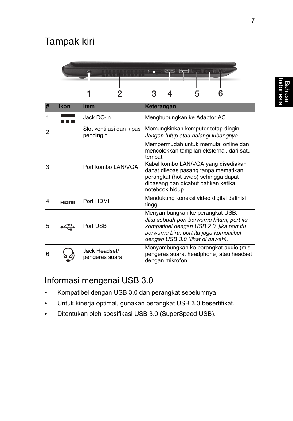 Tampak kiri, Informasi mengenai usb 3.0 | Acer Aspire V5-571G User Manual | Page 293 / 306