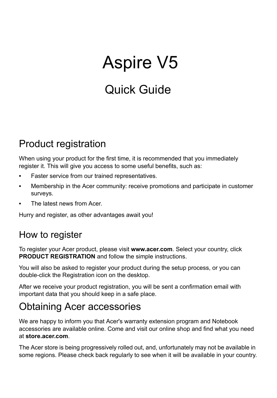 English, Product registration, How to register | Obtaining acer accessories, Aspire v5, Quick guide | Acer Aspire V5-571G User Manual | Page 3 / 306