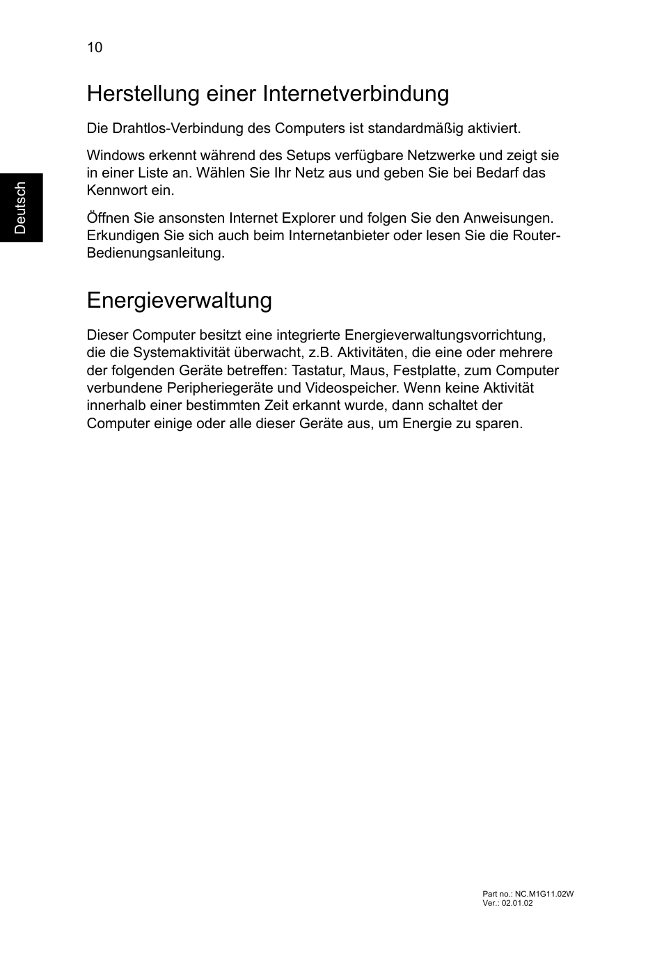 Herstellung einer internetverbindung, Energieverwaltung | Acer Aspire V5-571G User Manual | Page 32 / 306