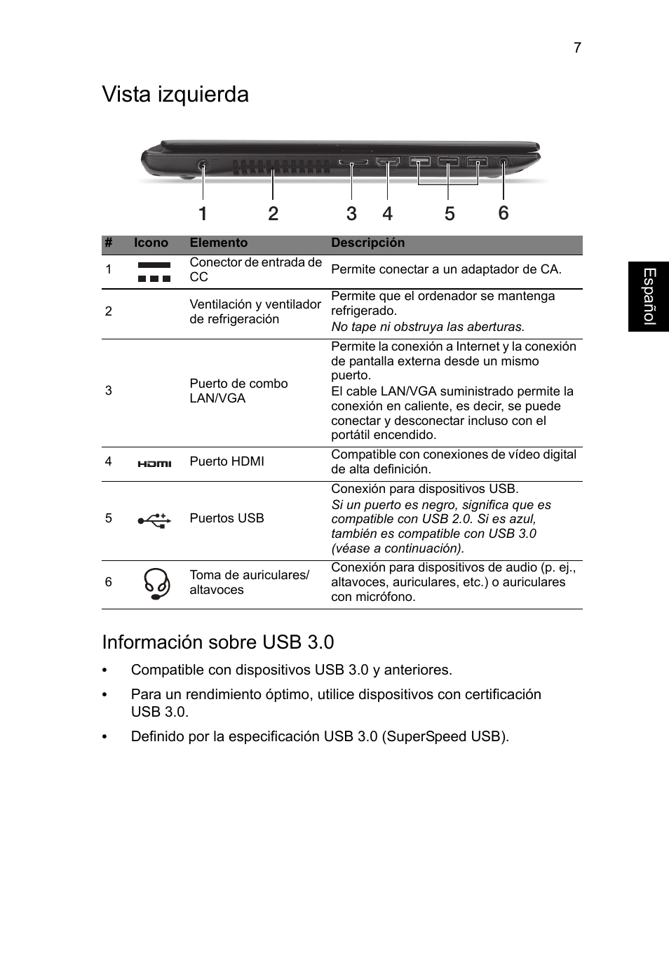 Vista izquierda, Información sobre usb 3.0 | Acer Aspire V5-571G User Manual | Page 49 / 306