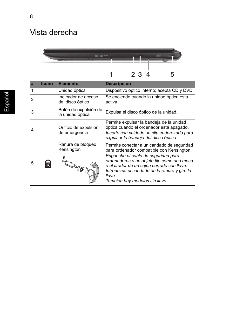 Vista derecha | Acer Aspire V5-571G User Manual | Page 50 / 306