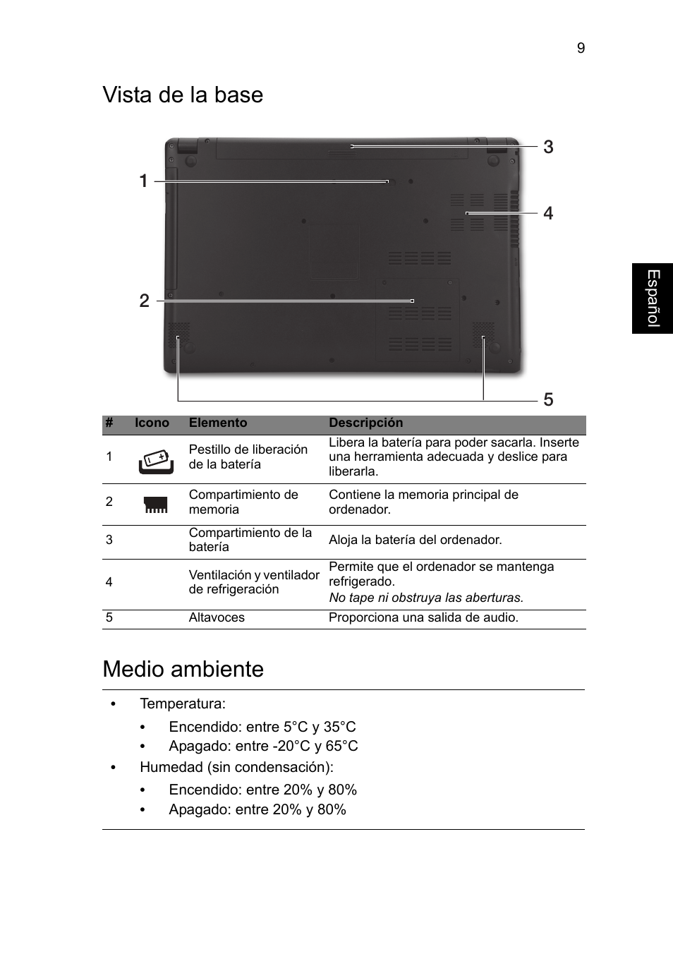 Vista de la base, Medio ambiente, Vista de la base medio ambiente | Acer Aspire V5-571G User Manual | Page 51 / 306