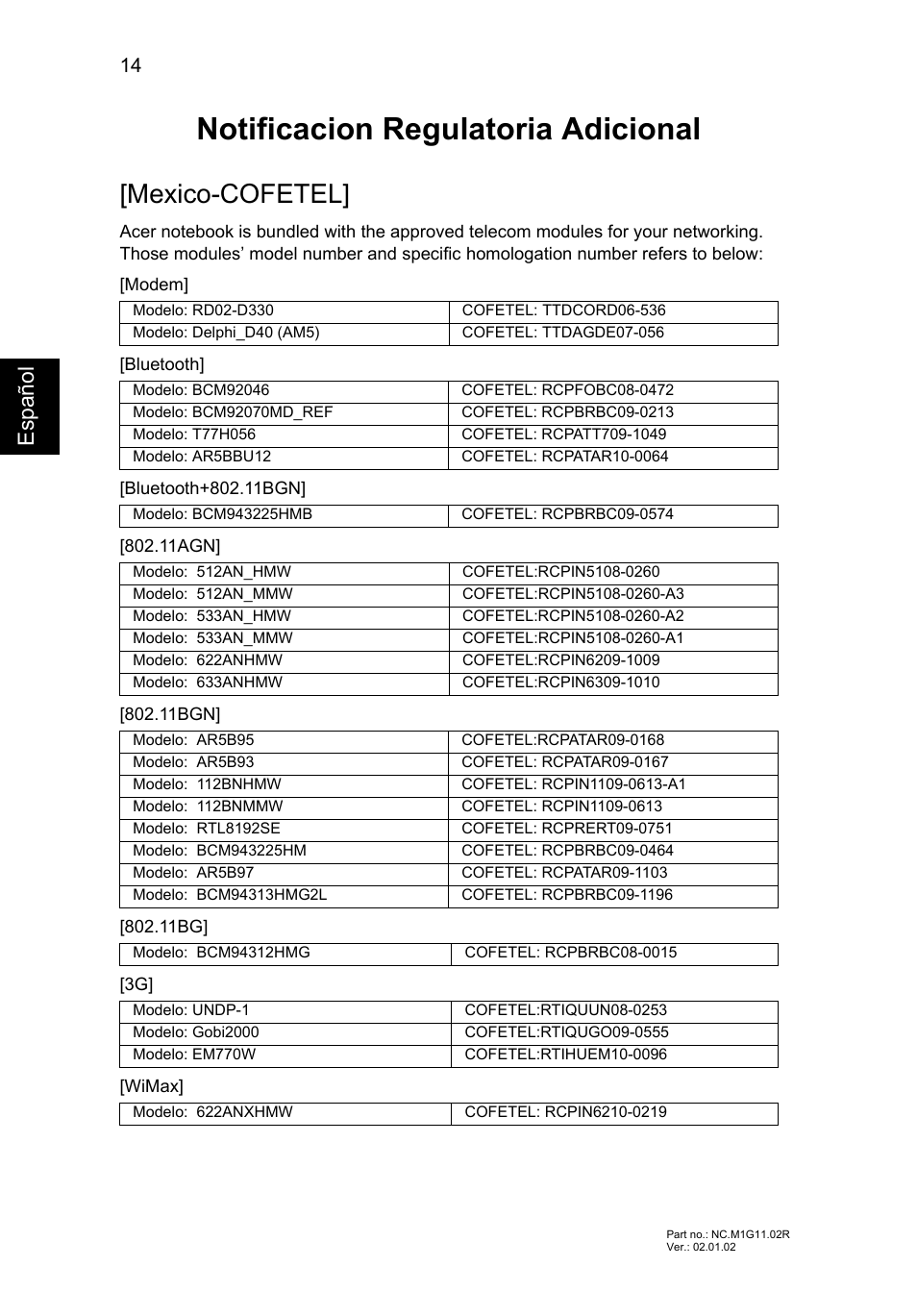 Notificacion regulatoria adicional, Mexico-cofetel, Esp añol | Acer Aspire V5-571G User Manual | Page 56 / 306