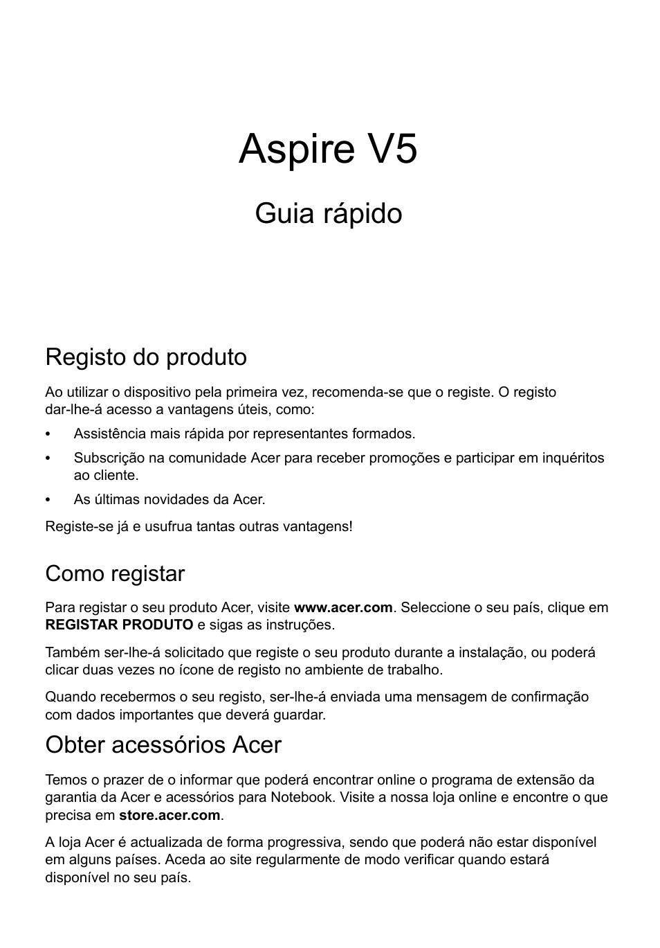 Português, Registo do produto, Como registar | Obter acessórios acer, Aspire v5, Guia rápido | Acer Aspire V5-571G User Manual | Page 57 / 306