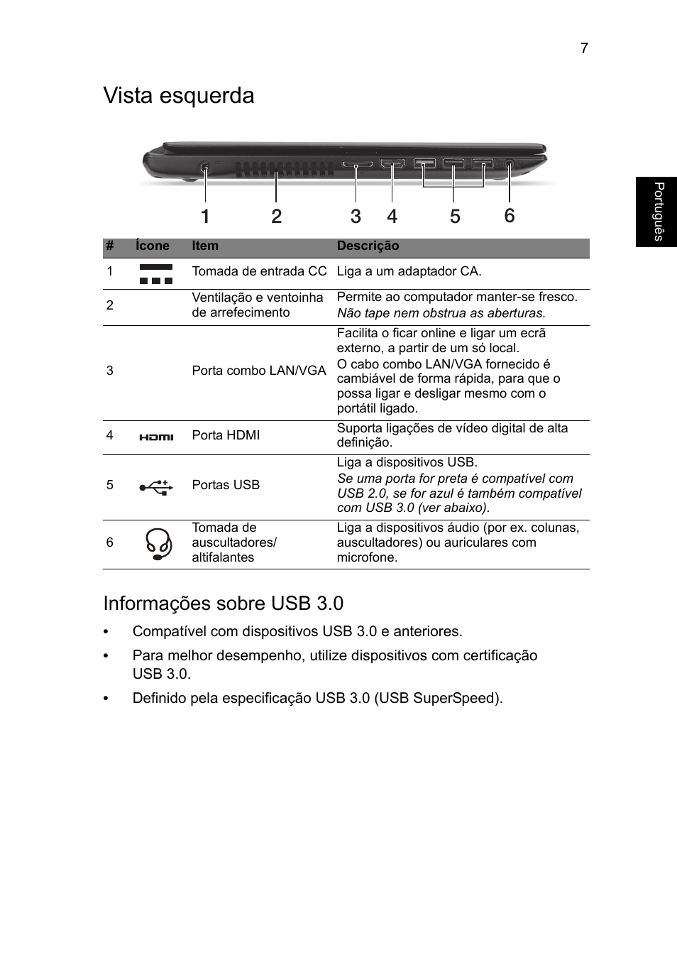 Vista esquerda, Informações sobre usb 3.0 | Acer Aspire V5-571G User Manual | Page 63 / 306