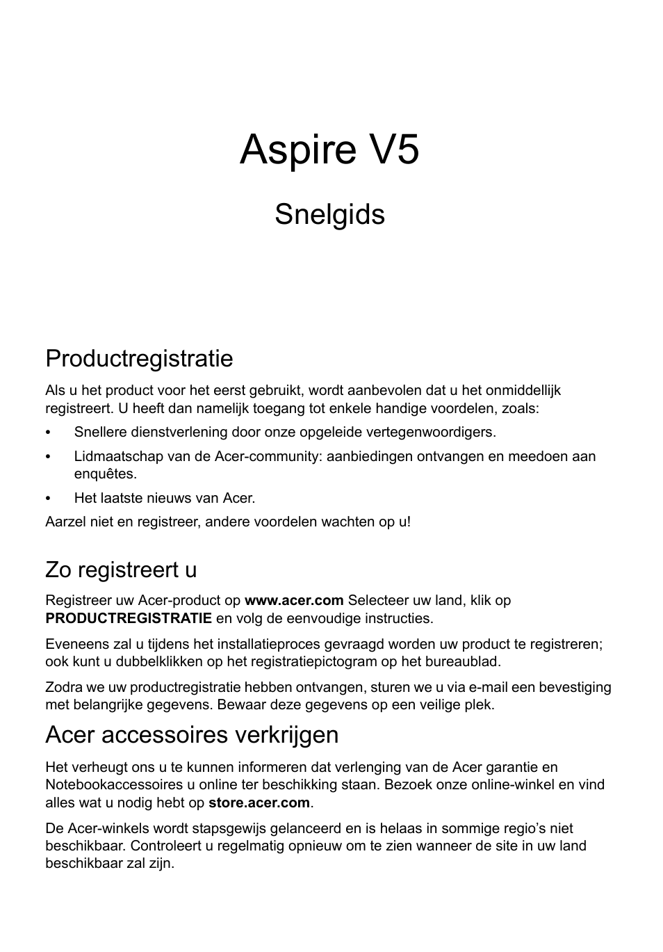 Nederlands, Productregistratie, Zo registreert u | Acer accessoires verkrijgen, Aspire v5, Snelgids | Acer Aspire V5-571G User Manual | Page 67 / 306