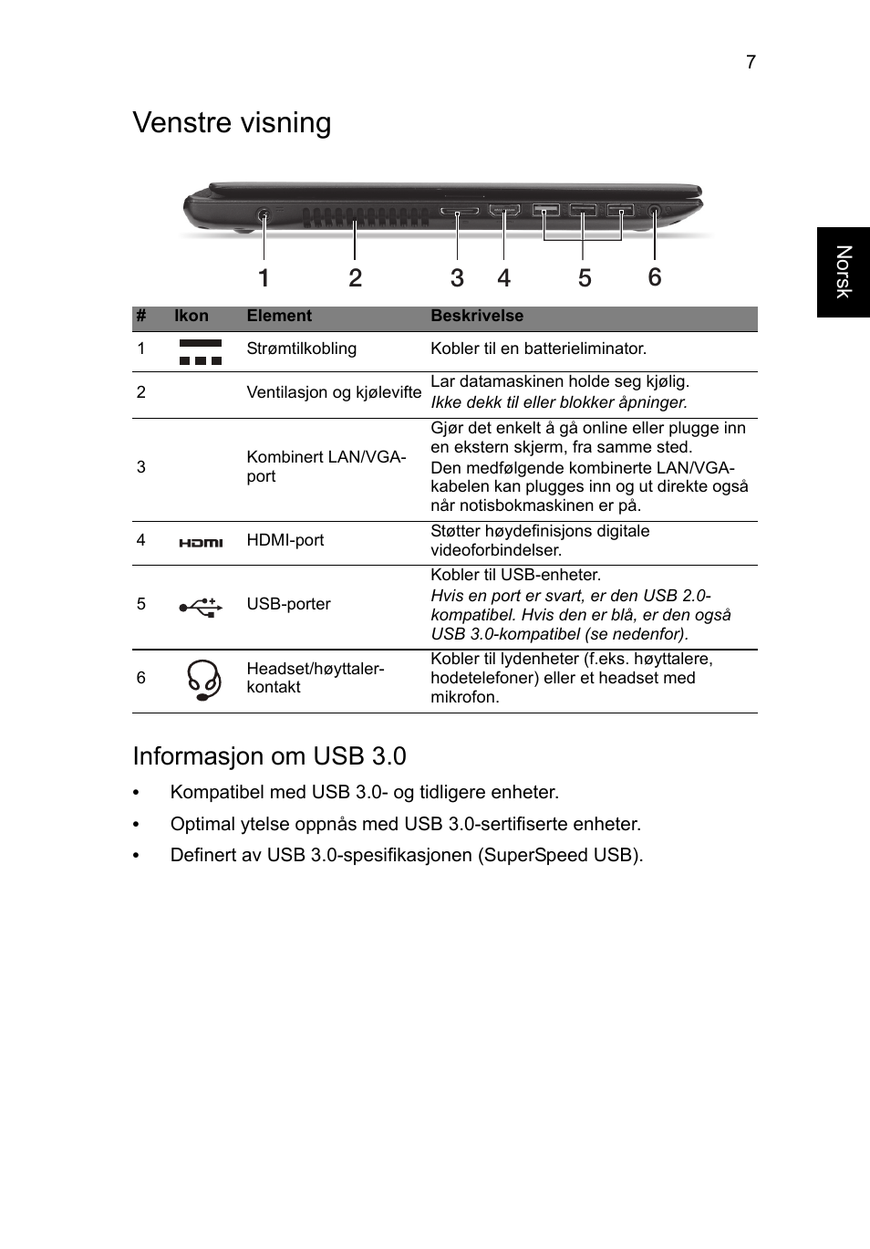 Venstre visning, Informasjon om usb 3.0 | Acer Aspire V5-571G User Manual | Page 83 / 306