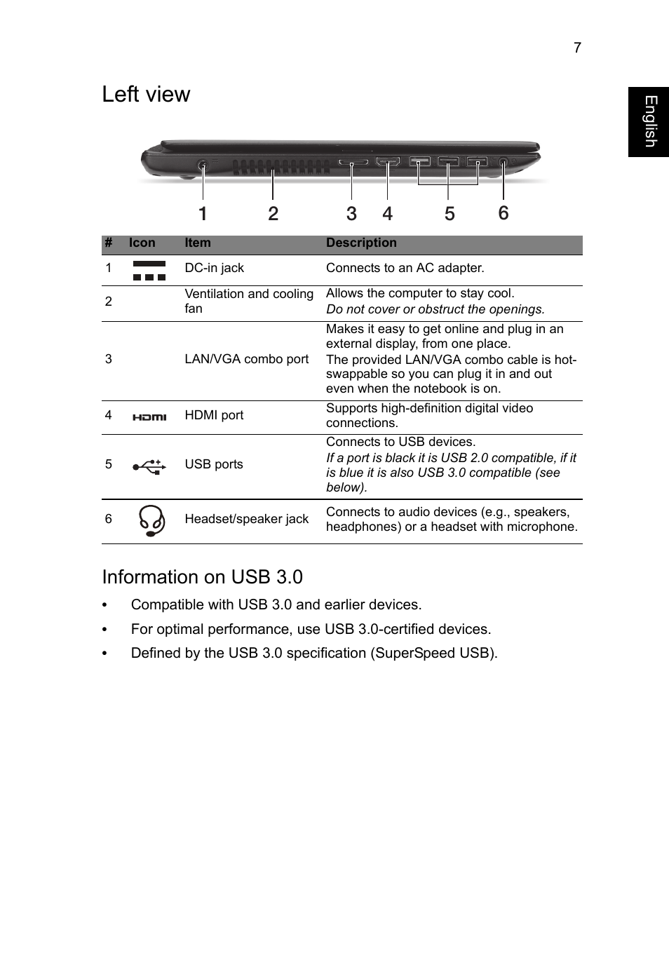 Left view, Information on usb 3.0 | Acer Aspire V5-571G User Manual | Page 9 / 306