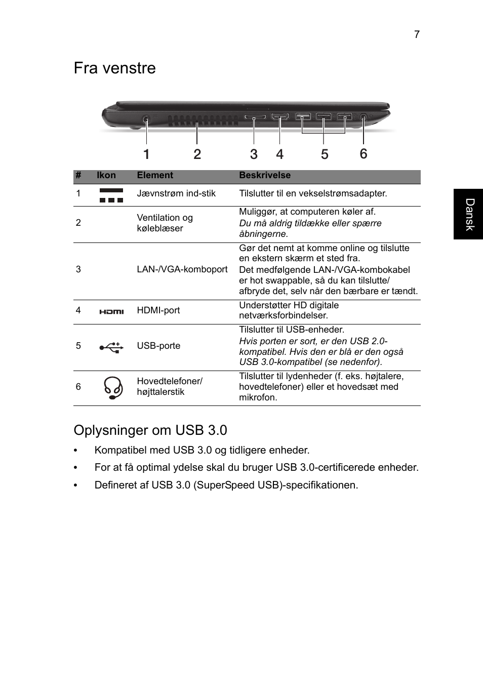 Fra venstre, Oplysninger om usb 3.0 | Acer Aspire V5-571G User Manual | Page 93 / 306