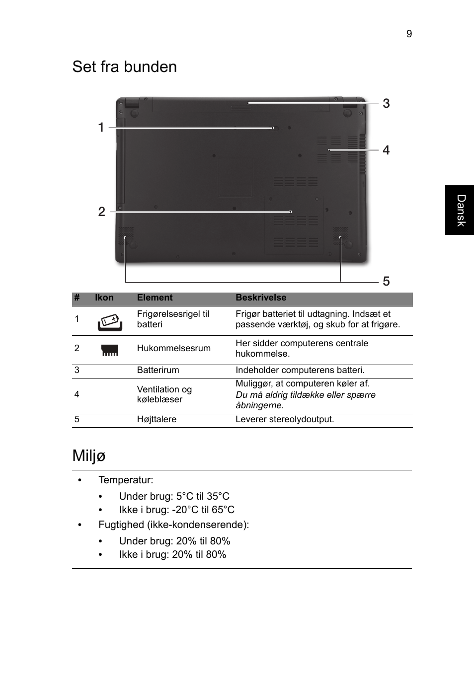 Set fra bunden, Miljø, Set fra bunden miljø | Acer Aspire V5-571G User Manual | Page 95 / 306