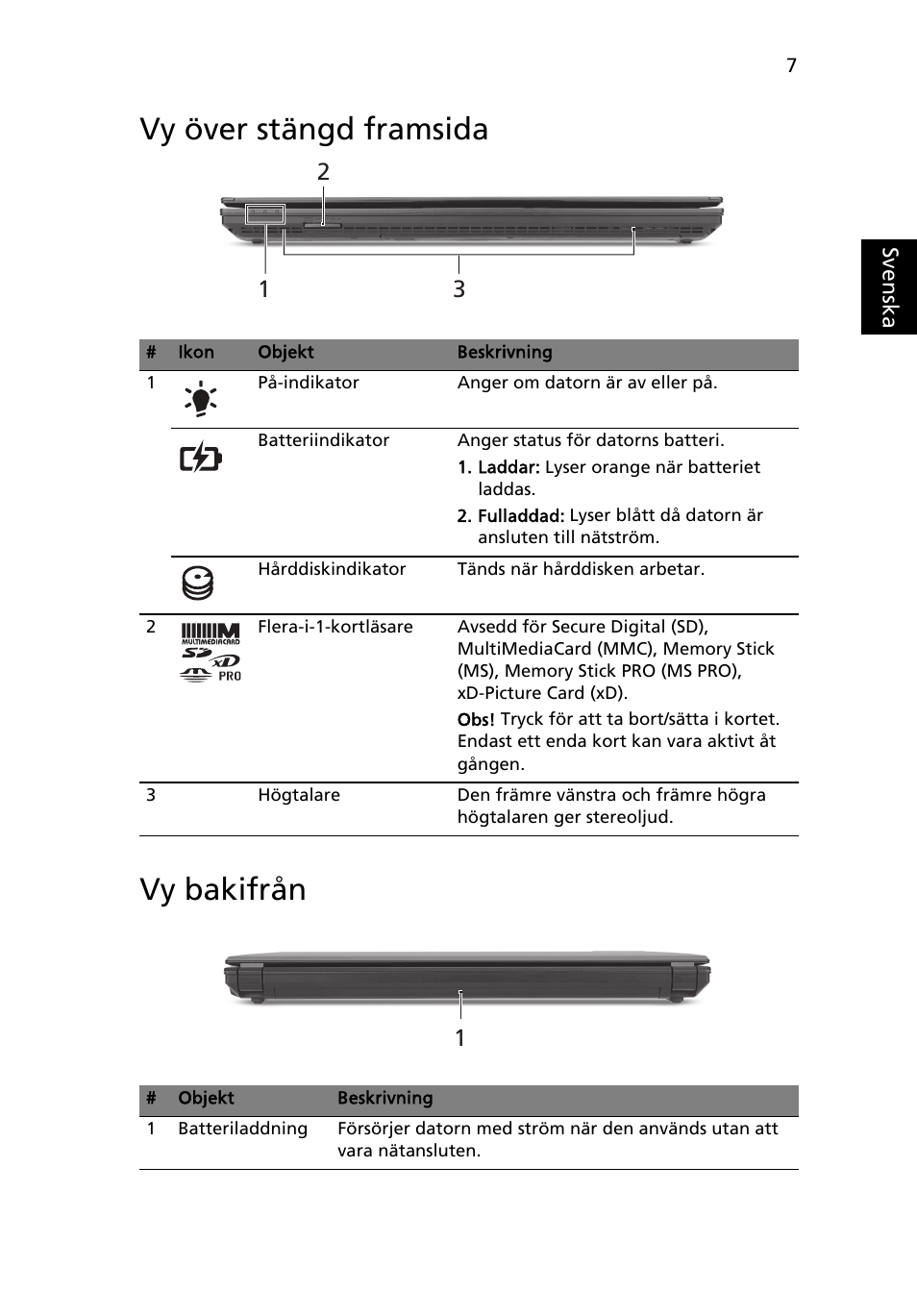 Vy över stängd framsida, Vy bakifrån, Vy över stängd framsida vy bakifrån | Acer TravelMate 8472Z User Manual | Page 101 / 314