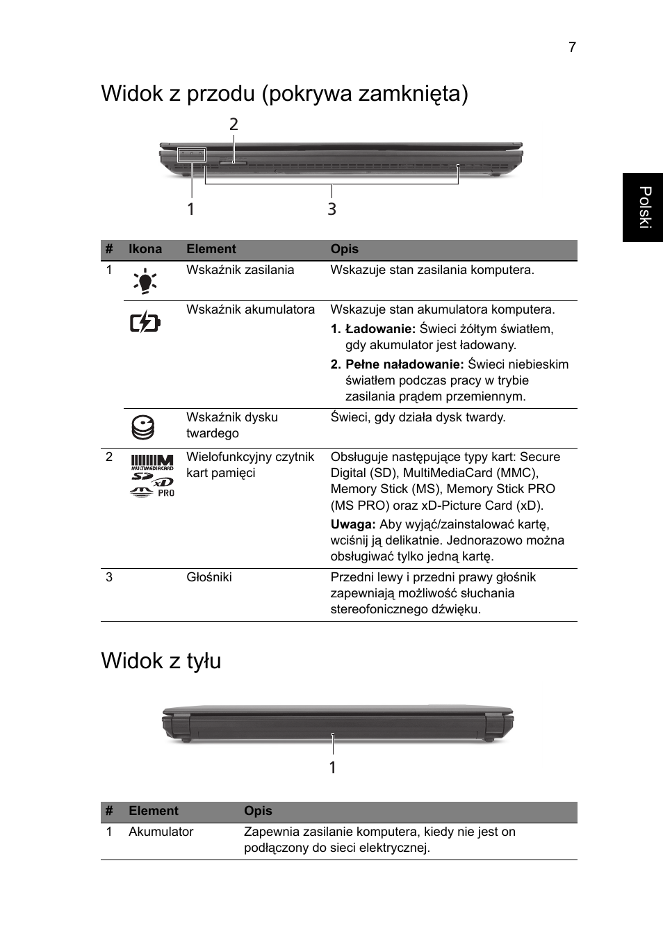 Widok z przodu (pokrywa zamknięta), Widok z tyłu, Widok z przodu (pokrywa zamknięta) widok z tyłu | Acer TravelMate 8472Z User Manual | Page 131 / 314