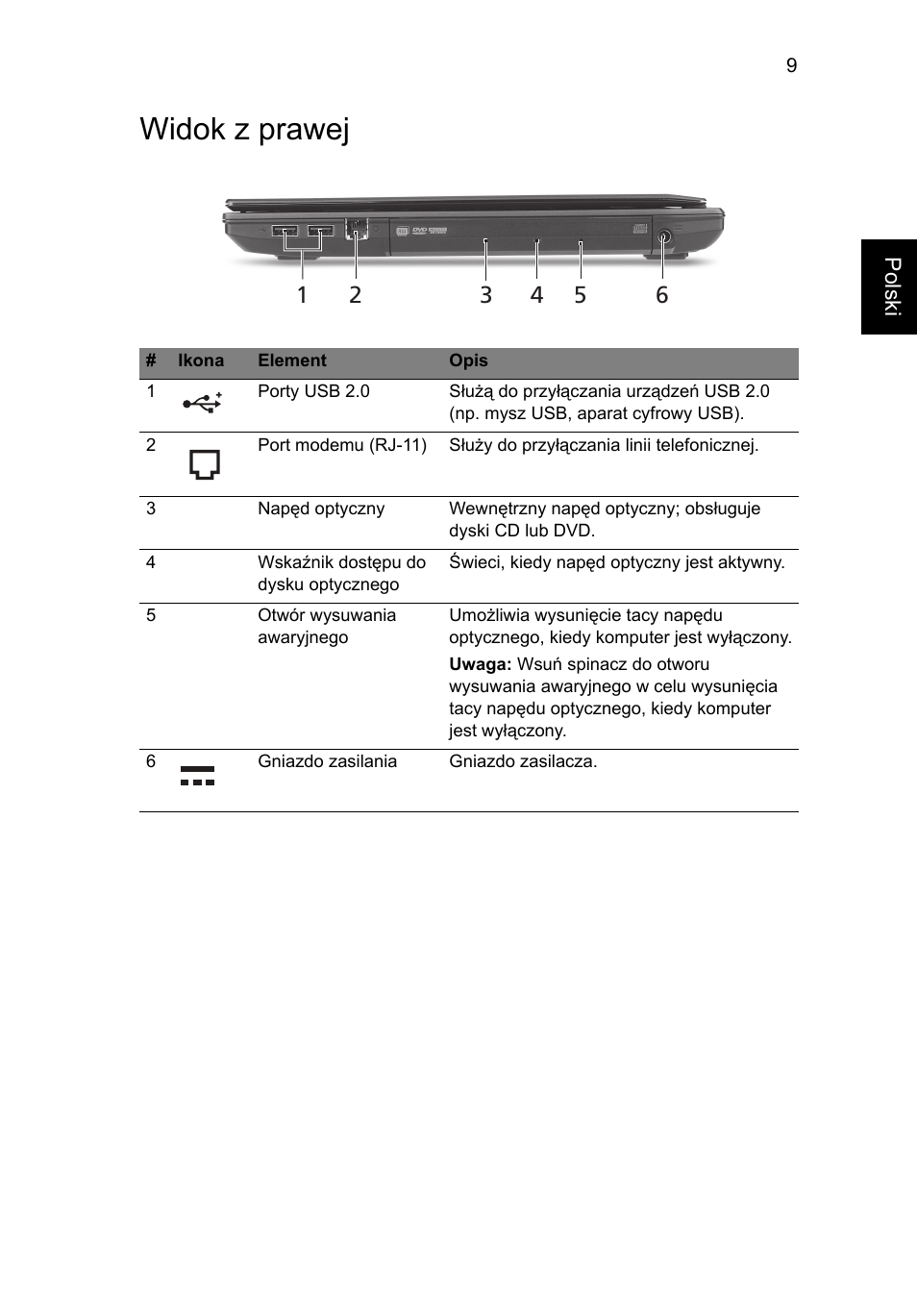 Widok z prawej | Acer TravelMate 8472Z User Manual | Page 133 / 314