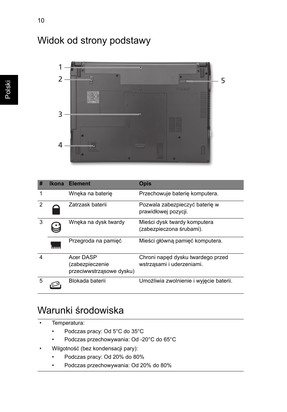 Widok od strony podstawy, Warunki środowiska, Widok od strony podstawy warunki środowiska | Acer TravelMate 8472Z User Manual | Page 134 / 314