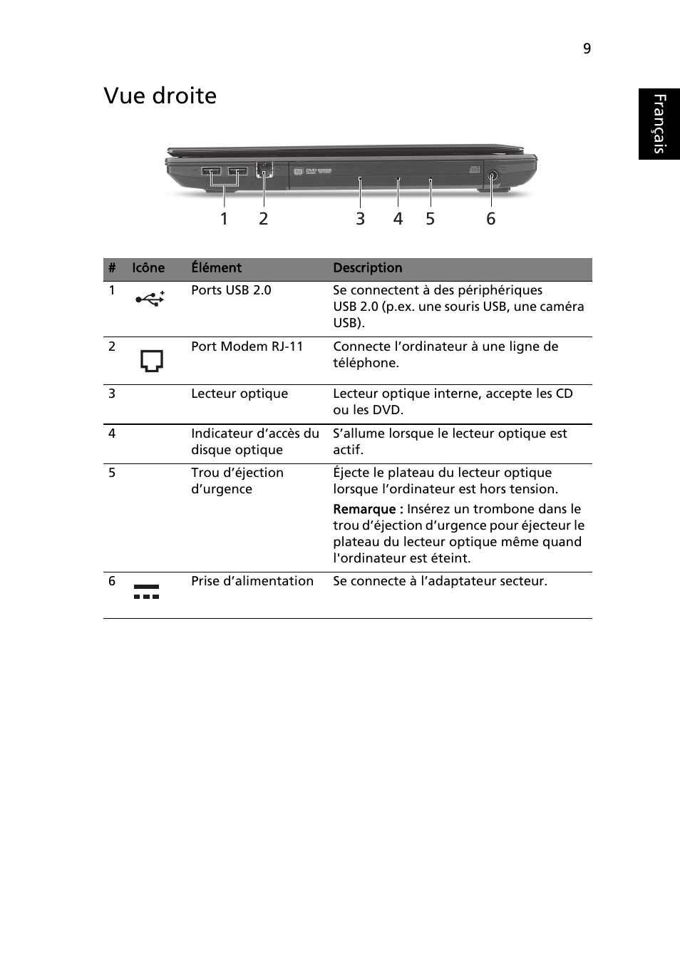 Vue droite, Français | Acer TravelMate 8472Z User Manual | Page 21 / 314