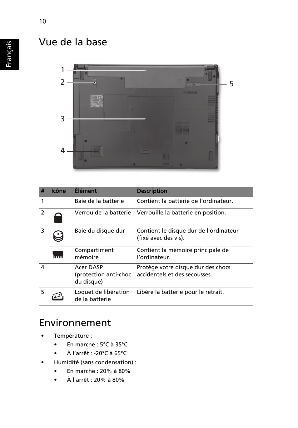 Vue de la base, Environnement, Vue de la base environnement | Acer TravelMate 8472Z User Manual | Page 22 / 314