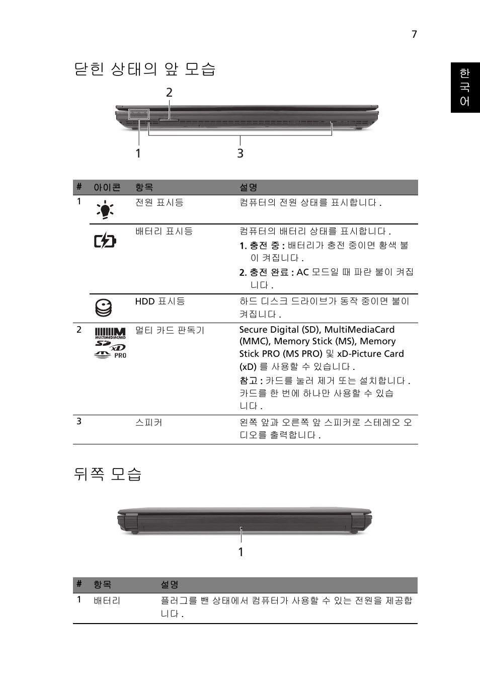 닫힌 상태의 앞 모습, 뒤쪽 모습, 닫힌 상태의 앞 모습 뒤쪽 모습 | Acer TravelMate 8472Z User Manual | Page 271 / 314