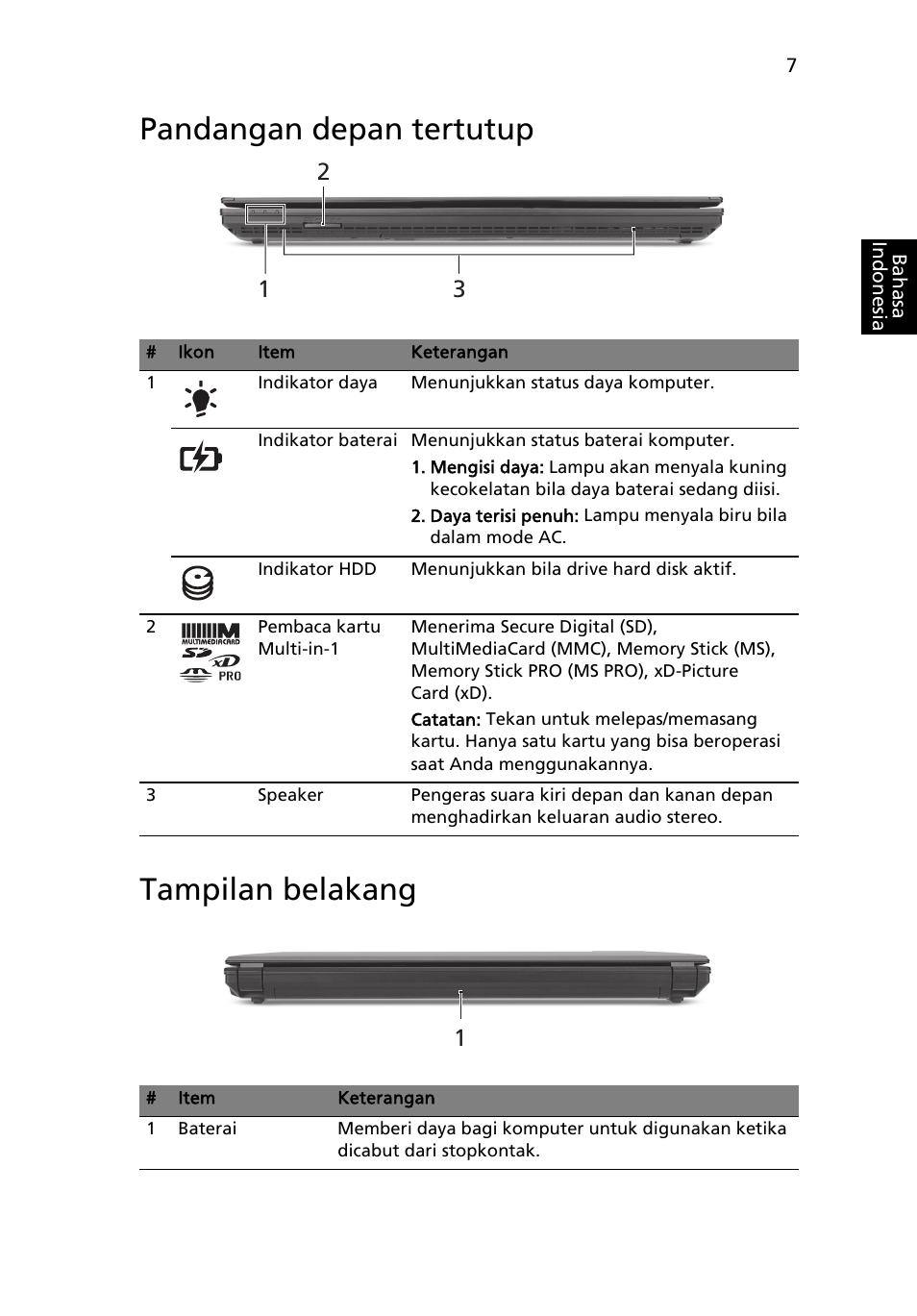 Pandangan depan tertutup, Tampilan belakang, Pandangan depan tertutup tampilan belakang | Acer TravelMate 8472Z User Manual | Page 301 / 314