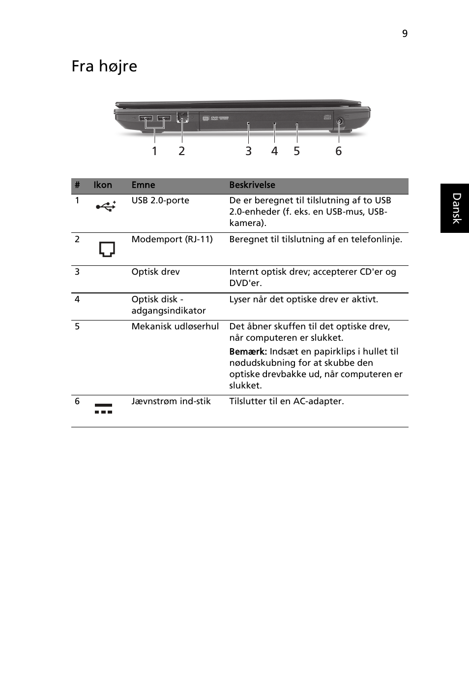 Fra højre | Acer TravelMate 8472Z User Manual | Page 93 / 314