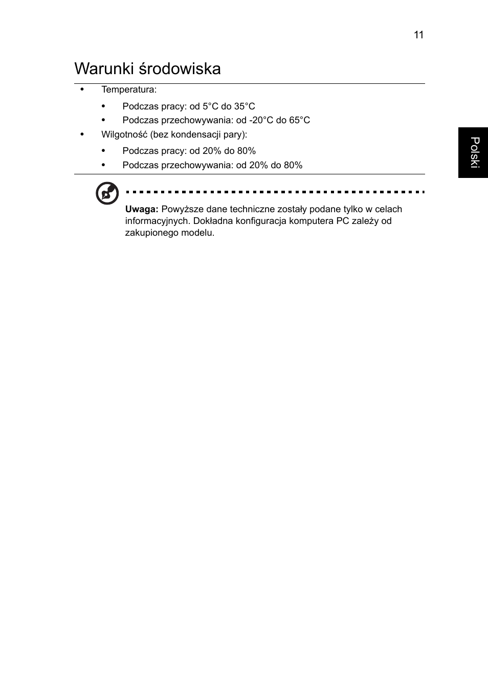 Warunki środowiska | Acer Aspire 5553G User Manual | Page 143 / 326