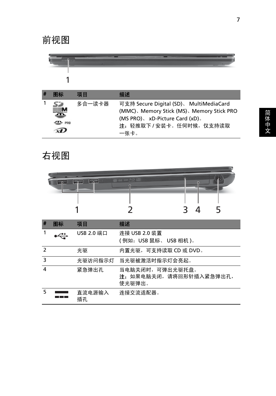 前视图 右视图 | Acer Aspire 5553G User Manual | Page 303 / 326