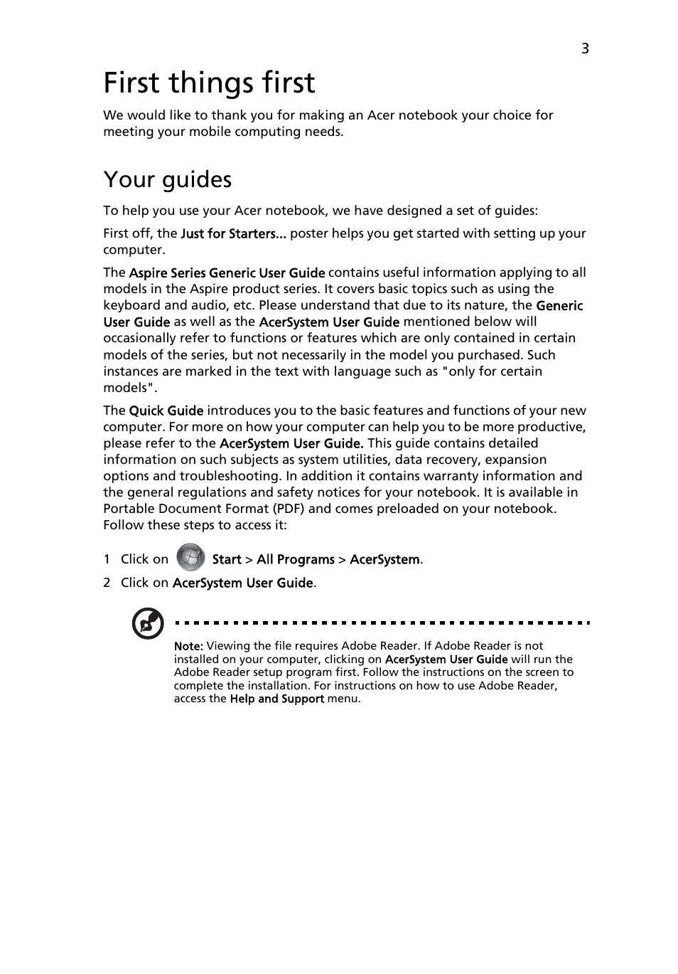 First things first, Your guides | Acer Aspire 5553G User Manual | Page 5 / 326