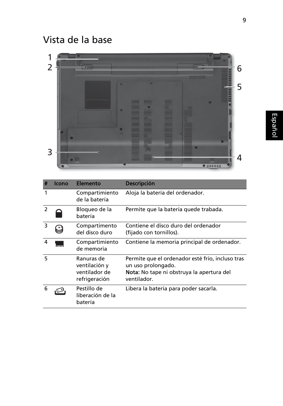 Vista de la base | Acer Aspire 5553G User Manual | Page 55 / 326
