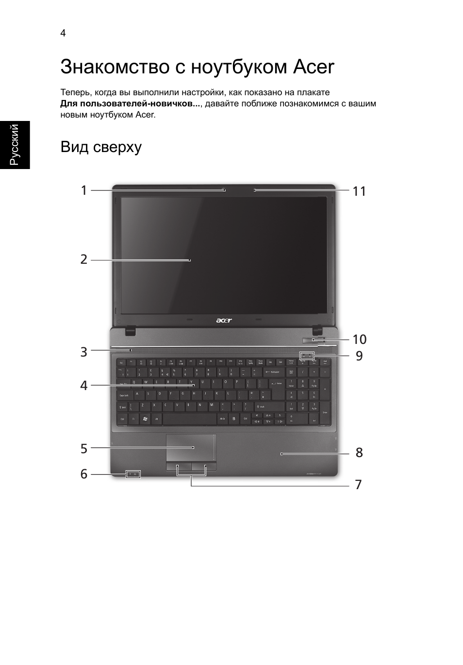 Знакомство с ноутбуком acer, Вид сверху | Acer TravelMate 5740ZG User Manual | Page 118 / 314