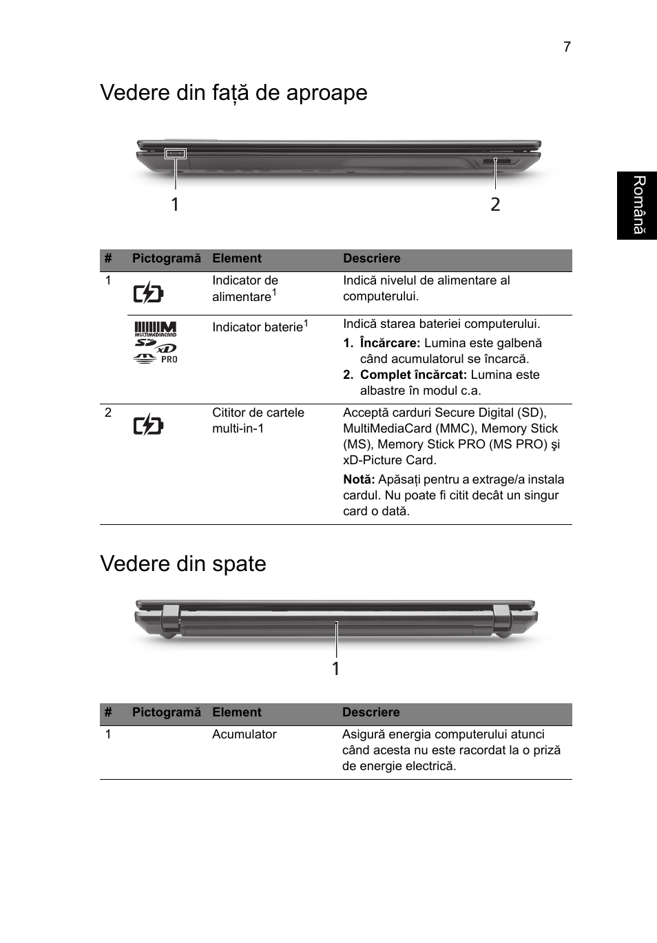 Vedere din faţă de aproape, Vedere din spate, Vedere din faţă de aproape vedere din spate | Acer TravelMate 5740ZG User Manual | Page 191 / 314