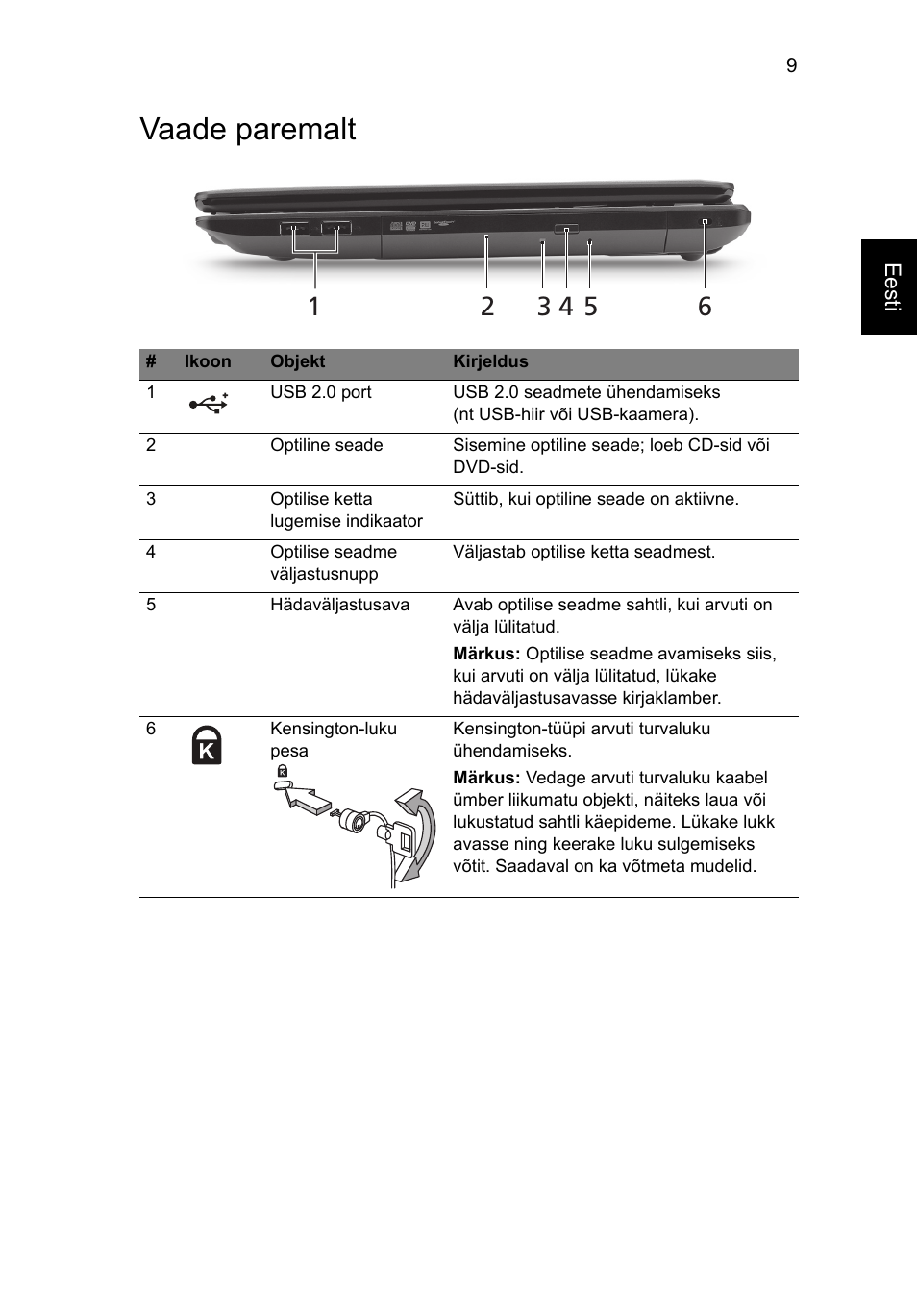 Vaade paremalt | Acer TravelMate 5740ZG User Manual | Page 213 / 314