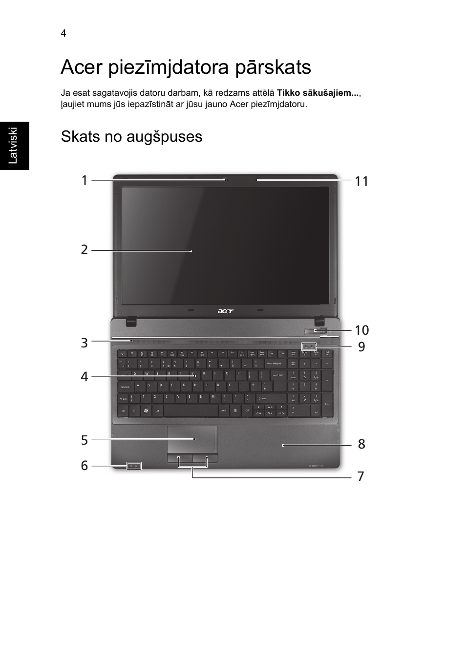 Acer piezīmjdatora pārskats, Skats no augšpuses | Acer TravelMate 5740ZG User Manual | Page 218 / 314
