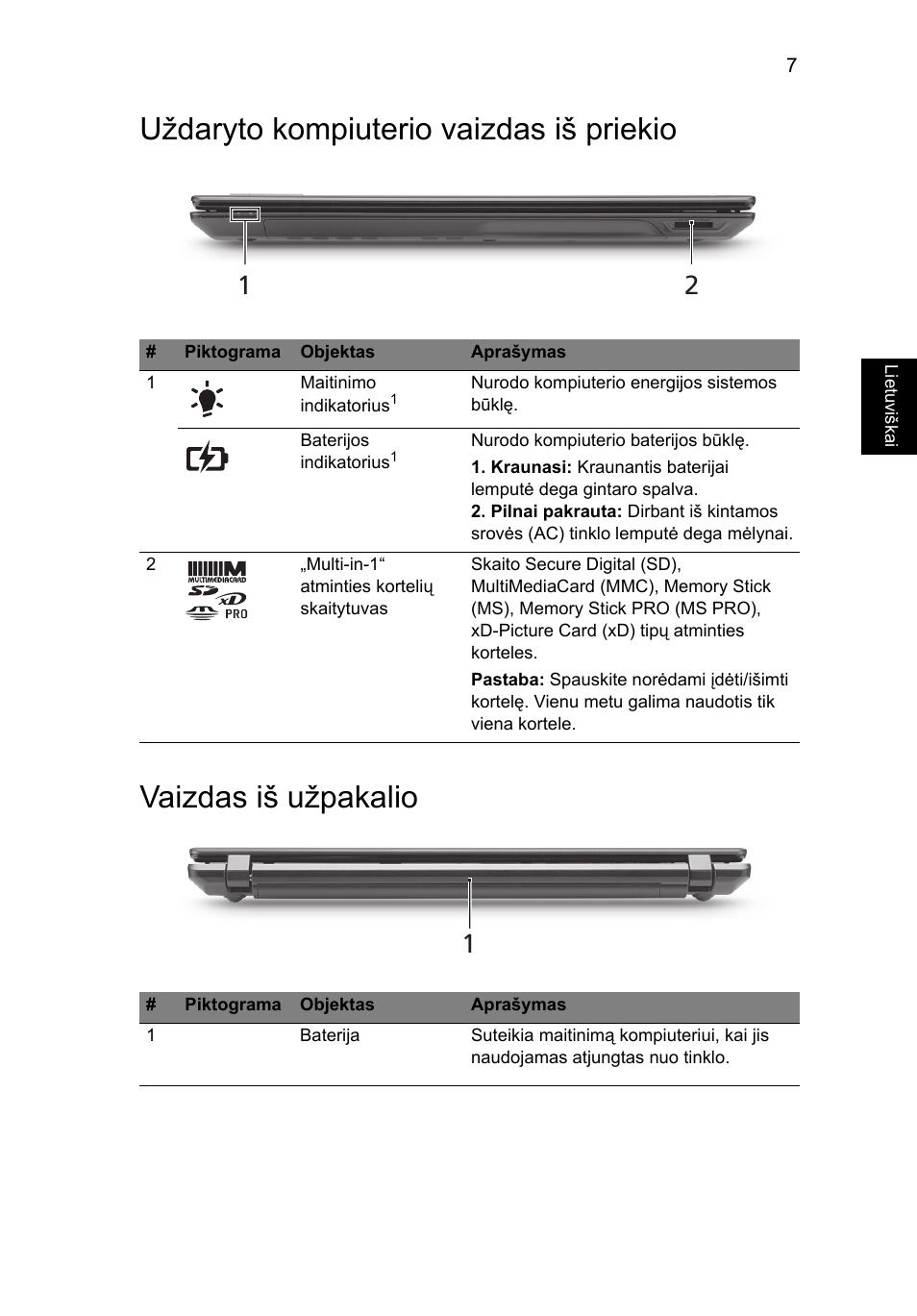 Uždaryto kompiuterio vaizdas iš priekio, Vaizdas iš užpakalio | Acer TravelMate 5740ZG User Manual | Page 231 / 314