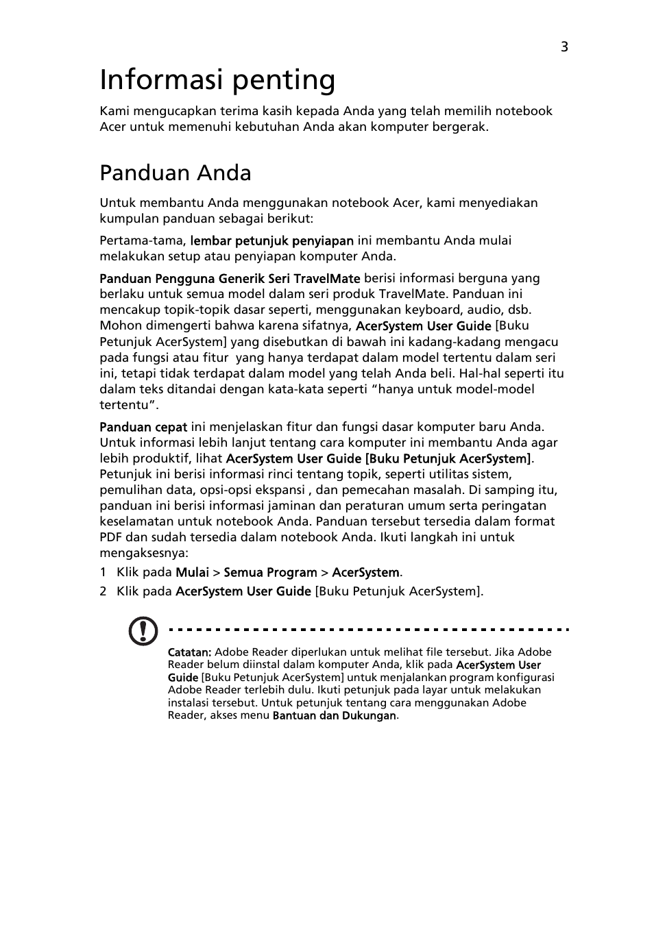 Informasi penting, Panduan anda | Acer TravelMate 5740ZG User Manual | Page 297 / 314