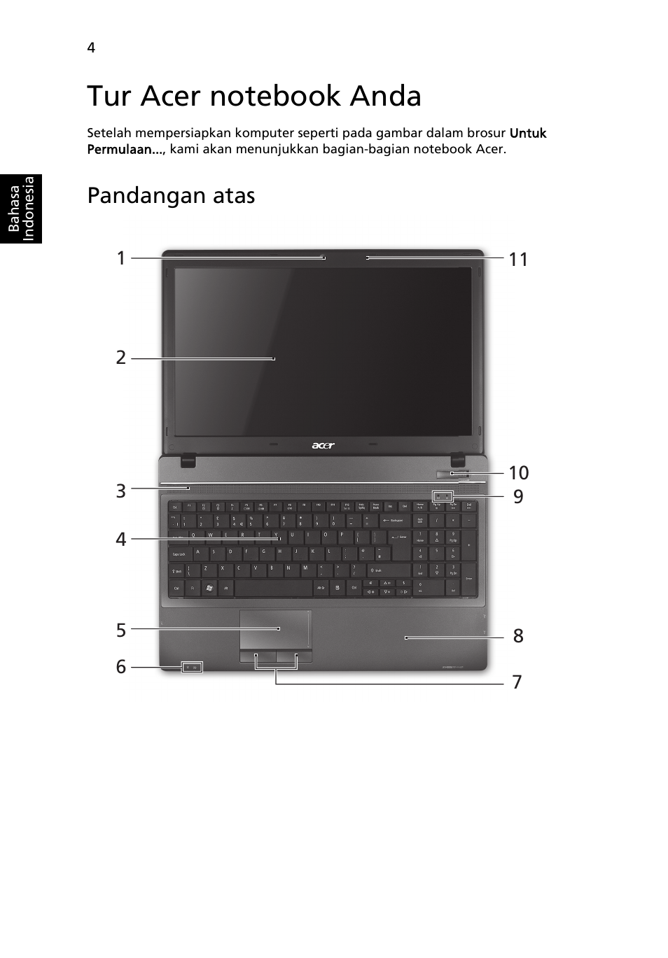 Tur acer notebook anda, Pandangan atas | Acer TravelMate 5740ZG User Manual | Page 298 / 314