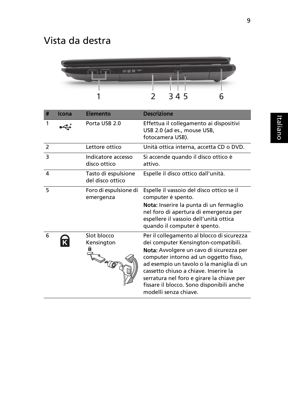 Vista da destra | Acer TravelMate 5740ZG User Manual | Page 41 / 314