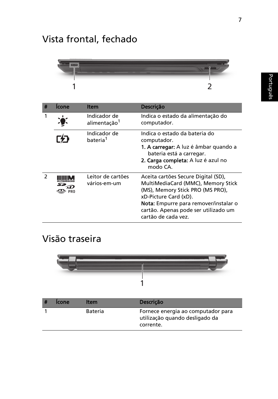 Vista frontal, fechado, Visão traseira, Vista frontal, fechado visão traseira | Acer TravelMate 5740ZG User Manual | Page 61 / 314