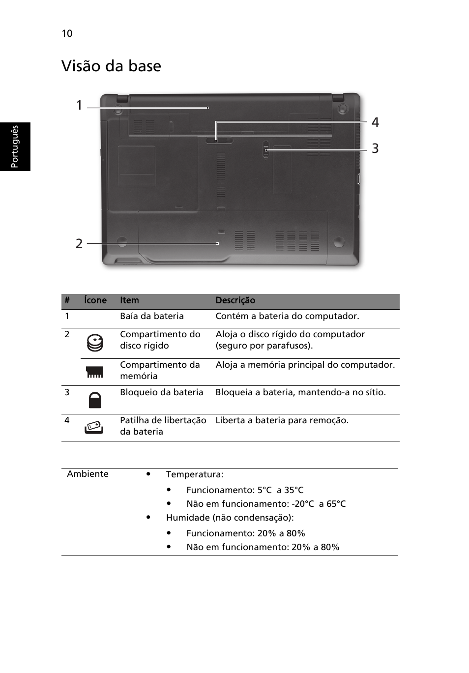 Visão da base | Acer TravelMate 5740ZG User Manual | Page 64 / 314