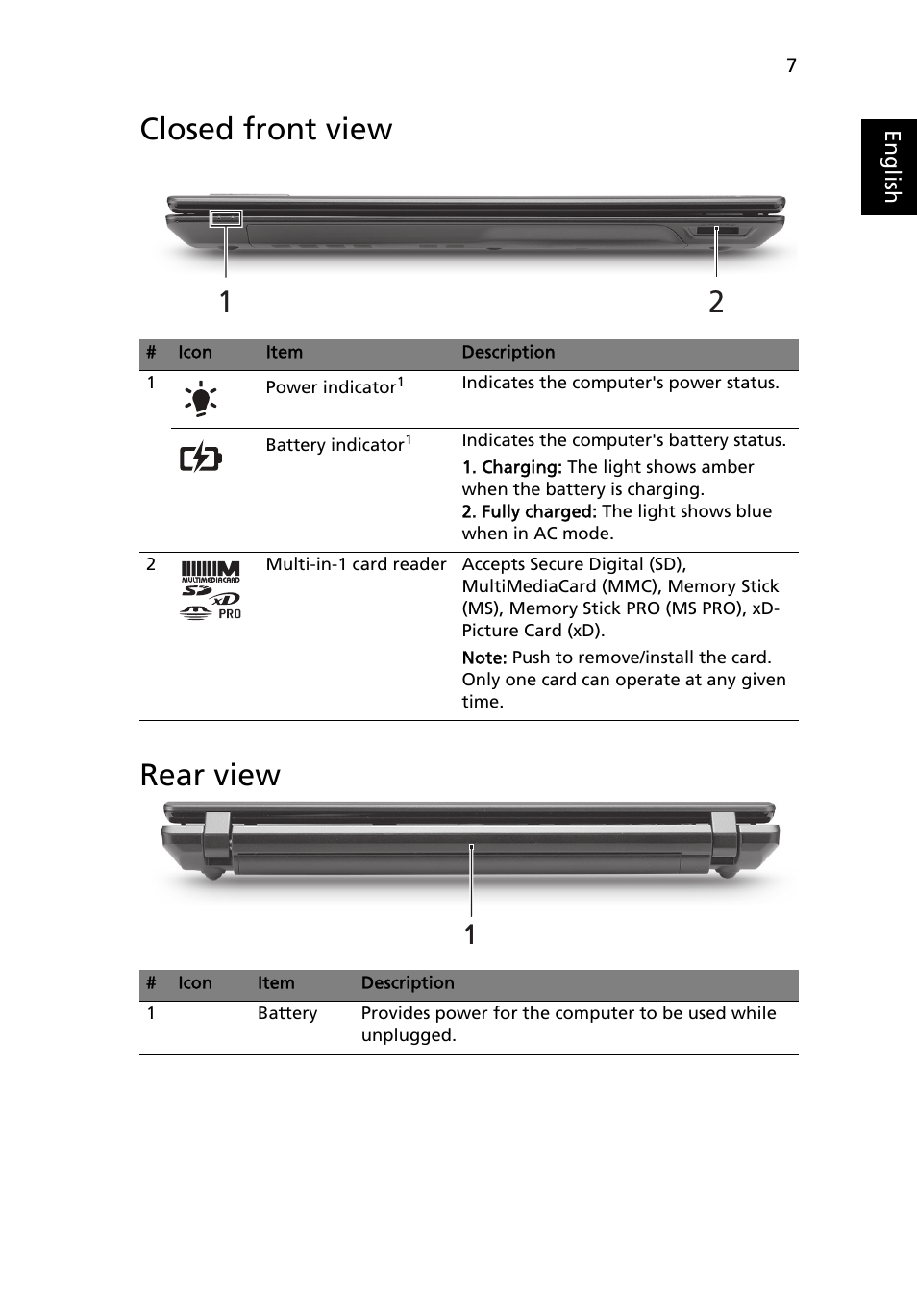 Closed front view, Rear view, Closed front view rear view | Acer TravelMate 5740ZG User Manual | Page 9 / 314