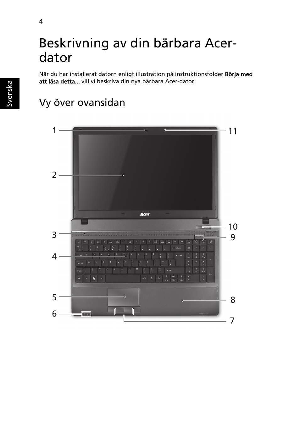 Beskrivning av din bärbara acer- dator, Vy över ovansidan | Acer TravelMate 5740ZG User Manual | Page 98 / 314