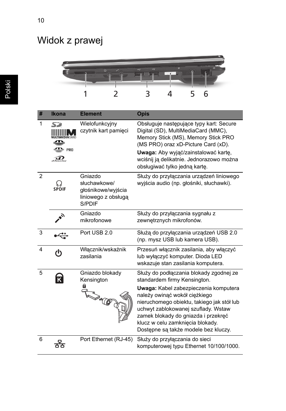Widok z prawej | Acer Aspire 1825PTZ User Manual | Page 160 / 378