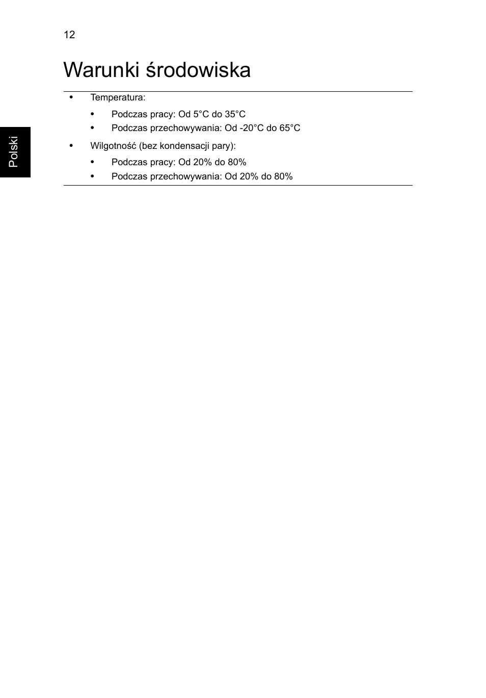 Warunki środowiska | Acer Aspire 1825PTZ User Manual | Page 162 / 378