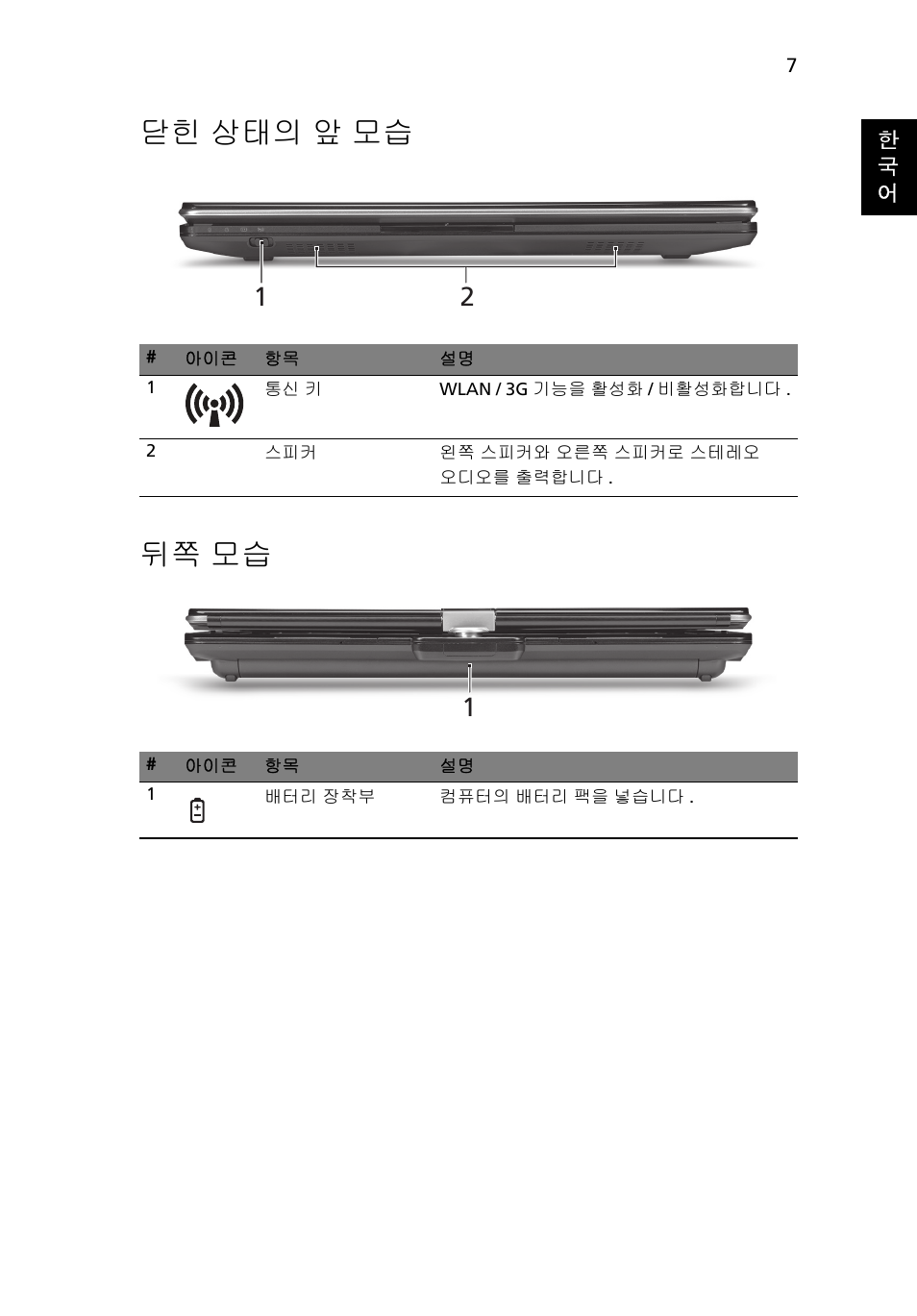 닫힌 상태의 앞 모습, 뒤쪽 모습, 닫힌 상태의 앞 모습 뒤쪽 모습 | Acer Aspire 1825PTZ User Manual | Page 325 / 378