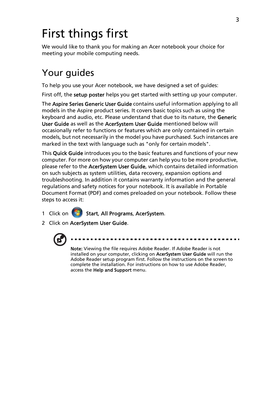 First things first, Your guides | Acer Aspire 1825PTZ User Manual | Page 5 / 378