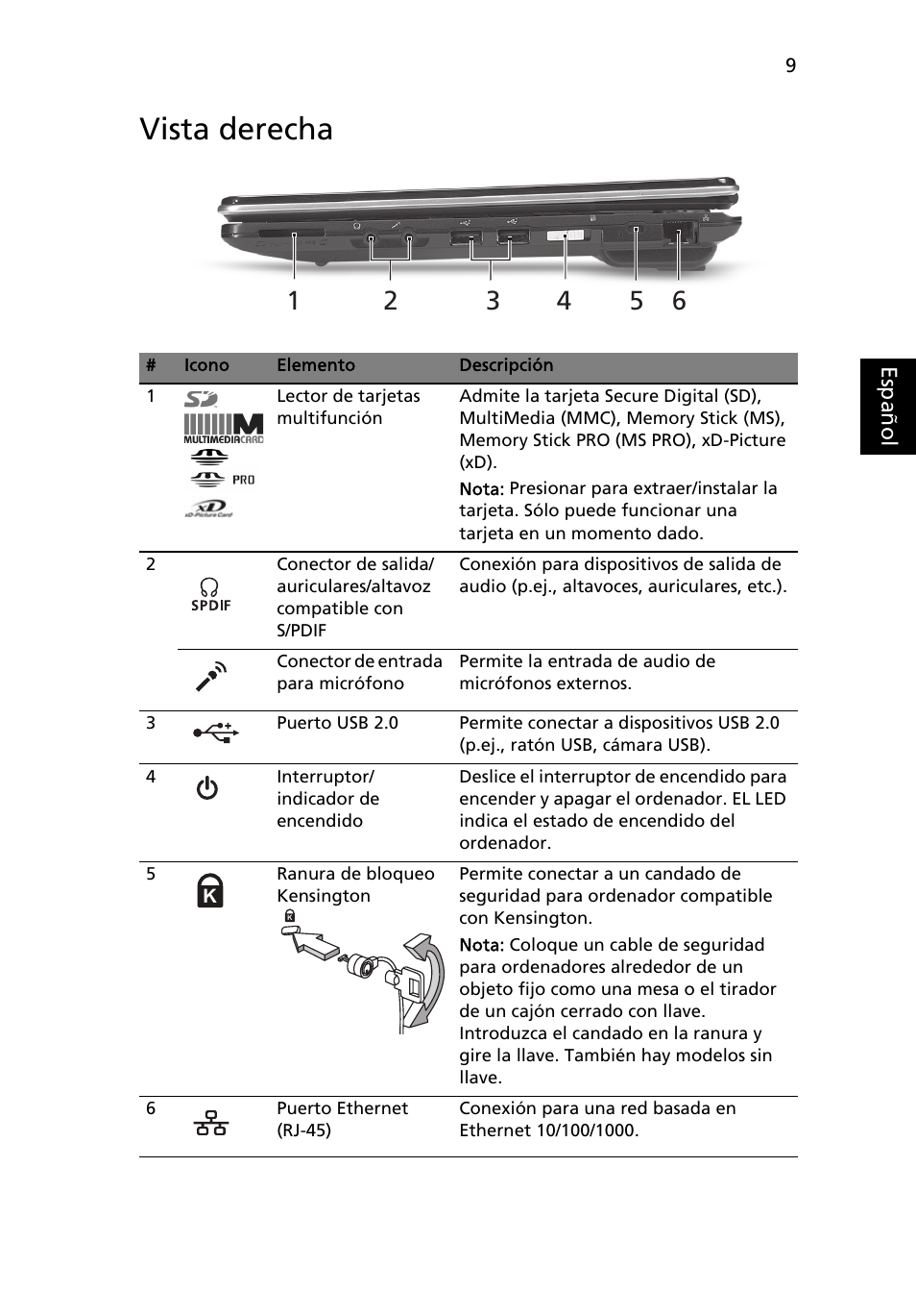 Vista derecha | Acer Aspire 1825PTZ User Manual | Page 59 / 378