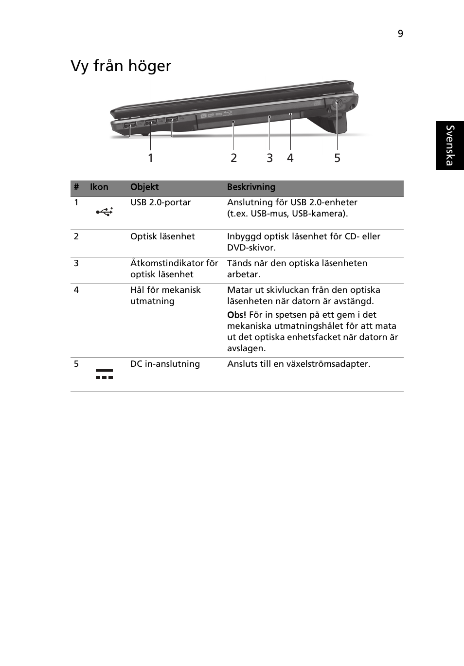 Vy från höger | Acer Aspire 5745DG User Manual | Page 103 / 314