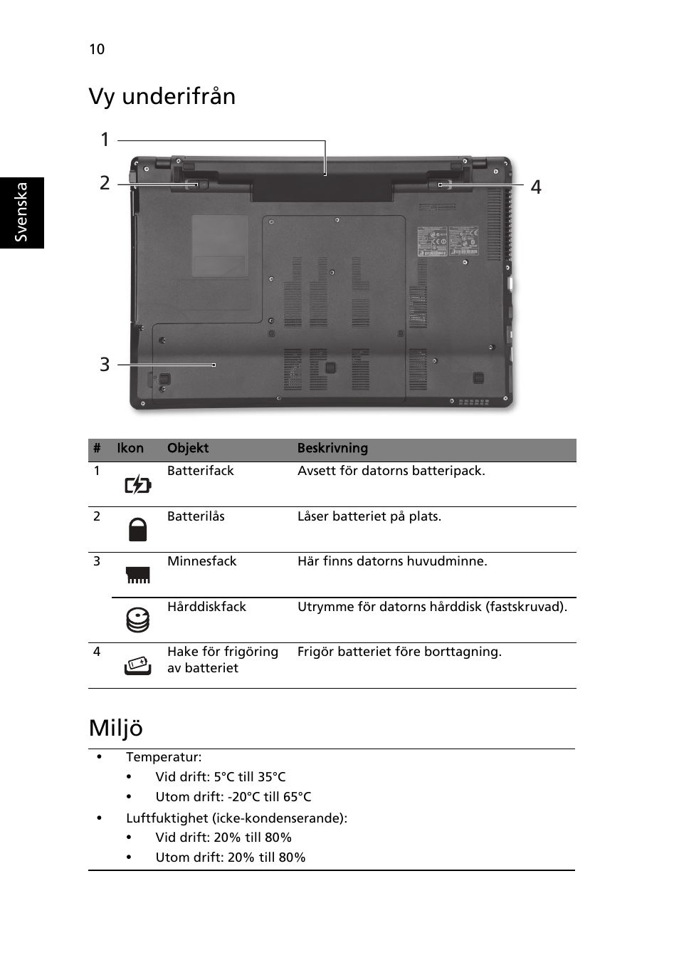 Vy underifrån, Miljö, Vy underifrån miljö | Acer Aspire 5745DG User Manual | Page 104 / 314