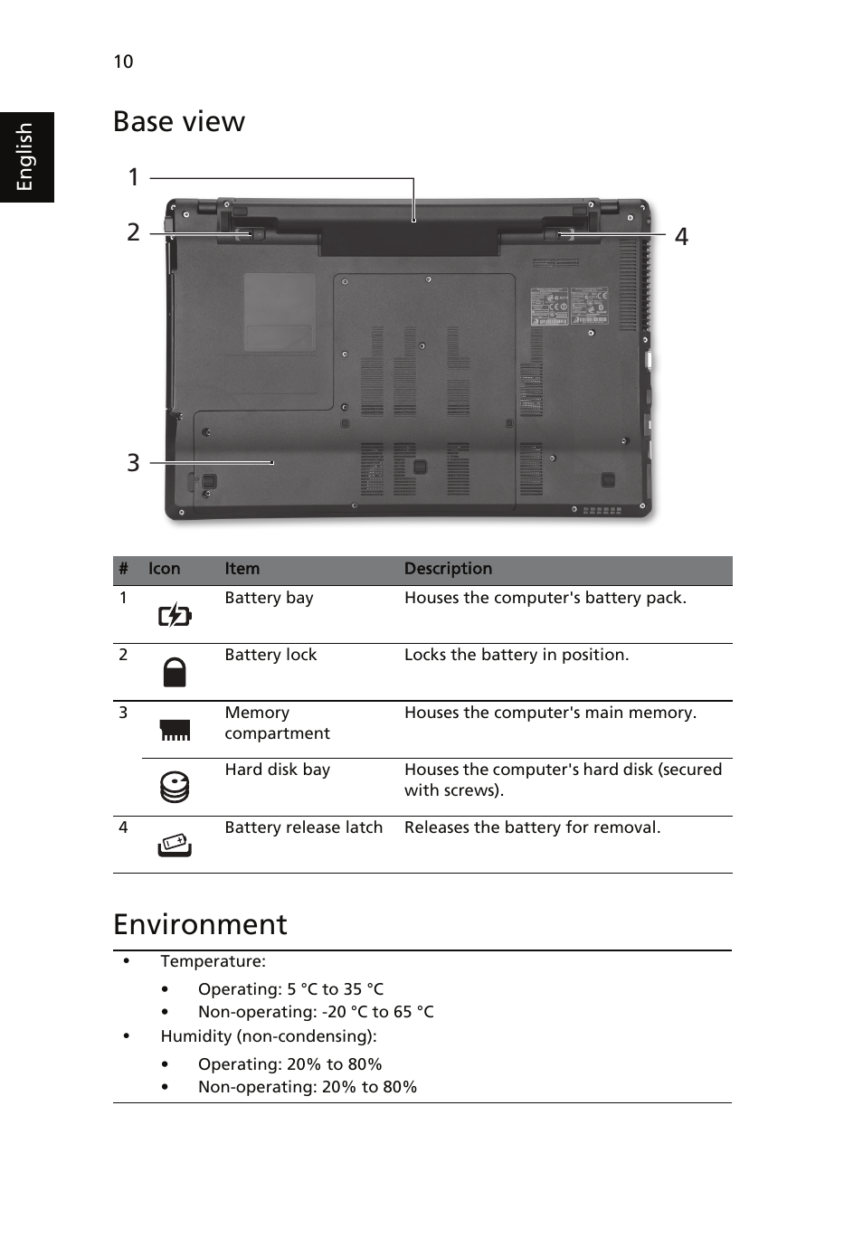 Base view, Environment, Base view environment | Acer Aspire 5745DG User Manual | Page 12 / 314
